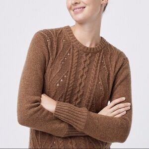 J. Crew Pointelle Cable Front Pullover Sweater Lambswool Blend Brown Cozy Cabin